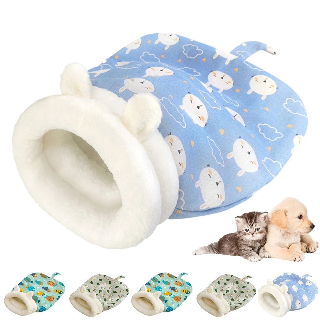Blue sheep-print pup sleeping bag with plush lining