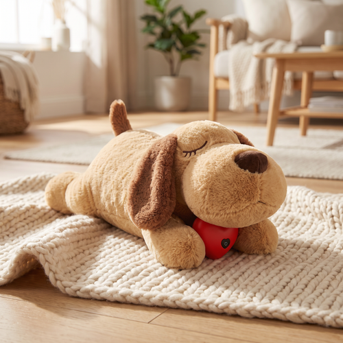 Heartbeat Puppy Companion plush resting on a cream knit blanket