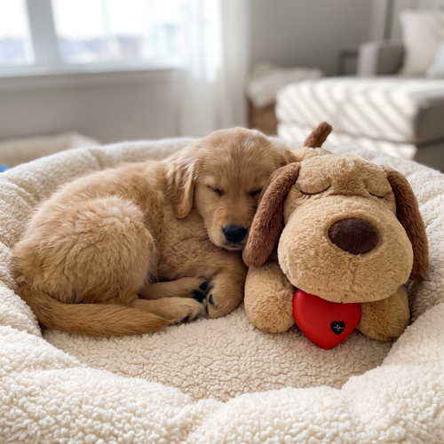 Golden retriever puppy sleeping next to the Heartbeat Puppy Companion in a dog bed