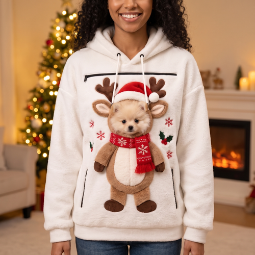 Woman wearing the reindeer pouch hoodie with a Pomeranian puppy peeking out by the Christmas tree