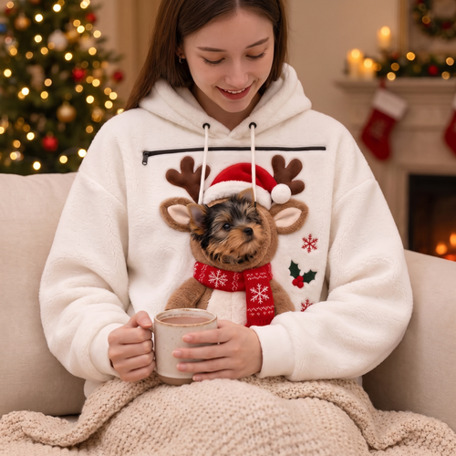 Cozy on the sofa with cocoa, a Yorkie puppy peeking out of the reindeer pouch