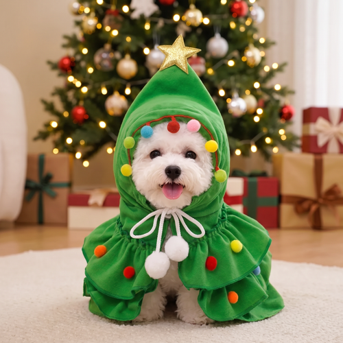 White Maltese puppy wearing the Christmas tree cloak in front of a lit tree