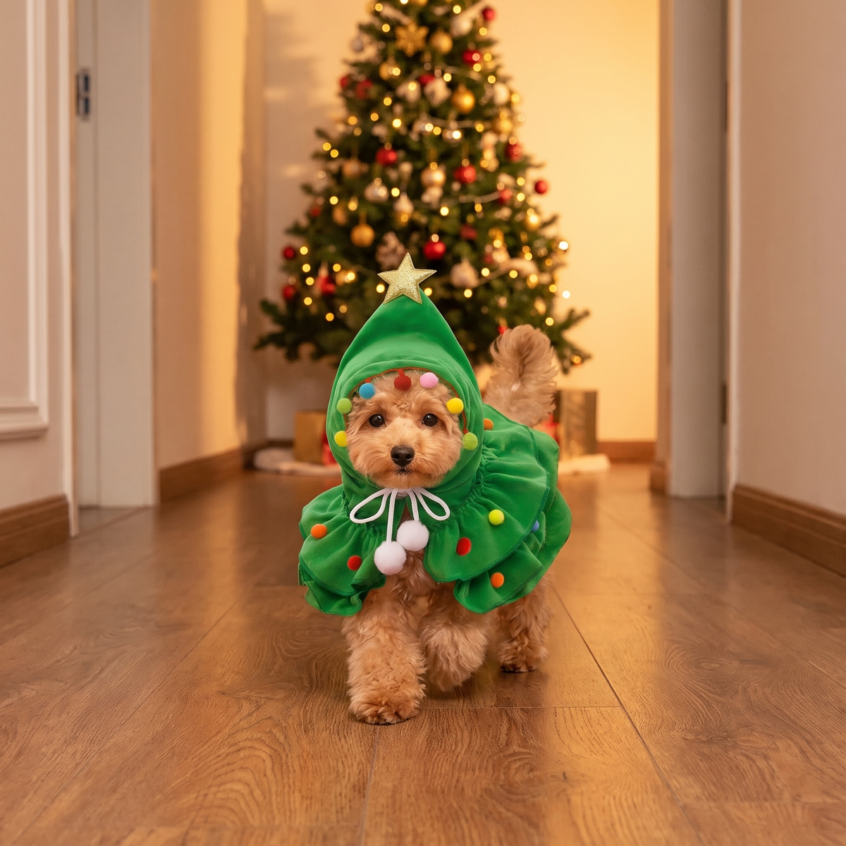 Toy poodle in the tree cloak trotting down a hallway toward the camera