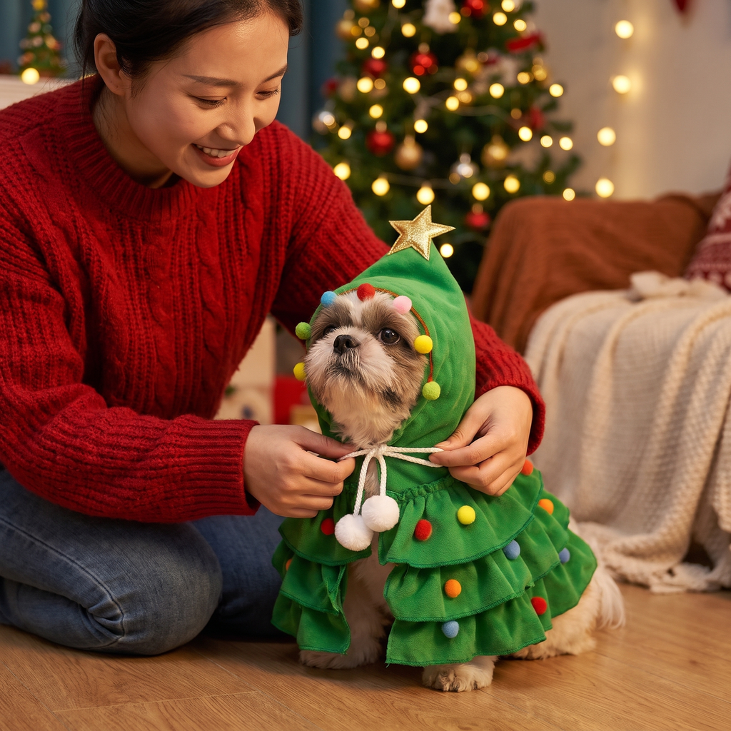 Owner tying the white bow of the tree cloak on a Shih Tzu puppy
