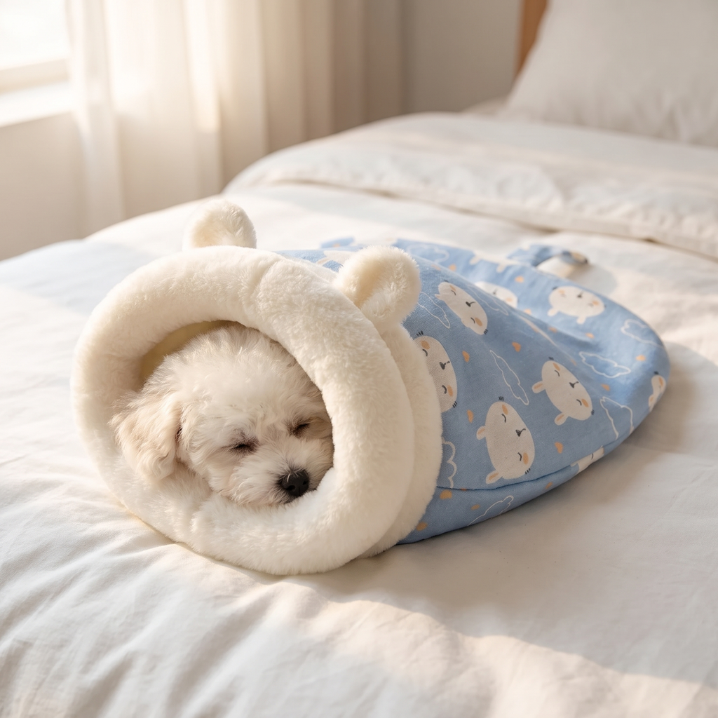 Small dog crawling into the snuggle sack while the owner sleeps