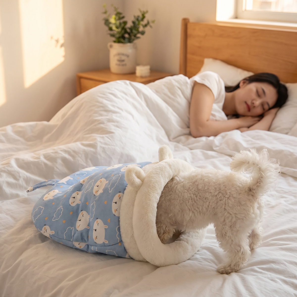 Bichon puppy asleep inside the blue sheep snuggle sack on a bed