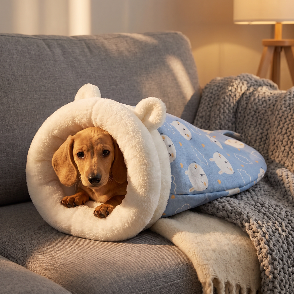 Dachshund puppy peeking out of the snuggle sack on a sofa