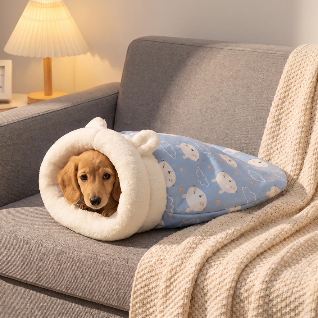 Dachshund puppy cozy inside the snuggle sack with a knit blanket