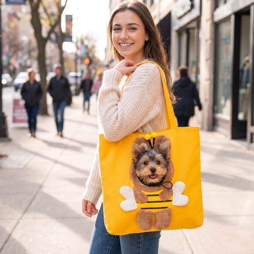 Woman walking in the city with a Yorkie peeking out of the bee tote