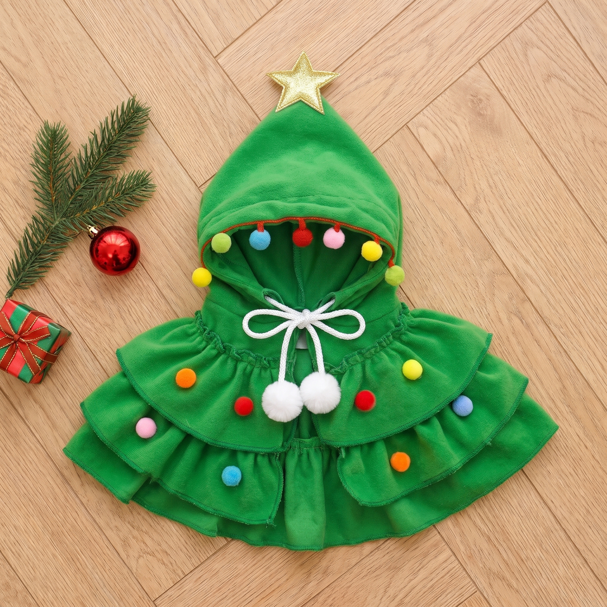 Christmas tree pup cloak laid flat with star and pom-poms